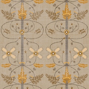 Vertical wallpaper with flowers and leaves in pastel beige tones