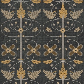  Vertical wallpaper with flowers and leaves in pastel dark gray tones.