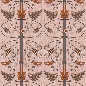Vertical wallpaper with flowers and leaves in pastel pink colors.