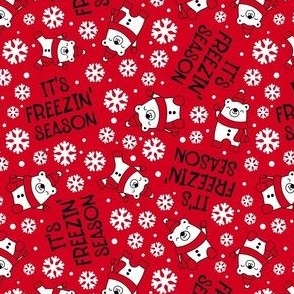 Small-Medium Scale It's Freezin' Season Winter Polar Bears and Snowflakes on Red