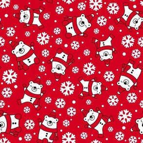 Large Scale Winter Polar Bears and Snowflakes on Red