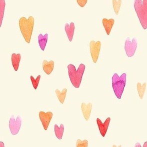 Hearts of Joy, Pink, Ochre and Purple Watercolor  Hearts on Creamy Background 