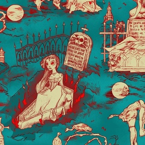 Gothic Graveyard Toile in Teal and Red -- Bluebeard Teal Blue and Rogue's Red Gothic Halloween Toile - Victorian Gothic Graveyard Teal and Red Coordinate -- 31.29in x 25.05in repeat -- 150dpi (Full Scale)
