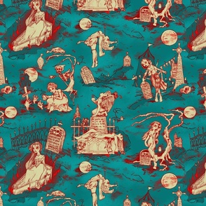 Gothic Graveyard Toile in Teal and Red -- Bluebeard Teal Blue and Rogue's Red Gothic Halloween Toile - Victorian Gothic Graveyard Teal and Red Coordinate -- 15.64in x 12.53in repeat -- 300dpi (50% of Full Scale)