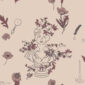 Floral Academia Pattern with Bust and Poppies in Soft Rose Pink