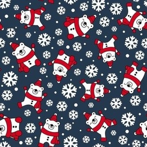 Medium Scale Winter Polar Bears and Snowflakes on Navy