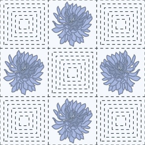 Outlined  Chrysanthemums- Stitched Gingham Check- Shibori Blues Palette