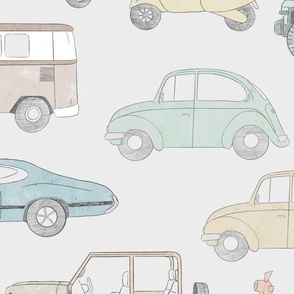 Large Vintage Cars in muted grey, blue, red and yellow