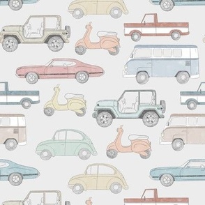 Small Vintage Cars in muted grey, blue, red and yellow