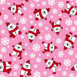 Large Scale Winter Polar Bears and Snowflakes on Pink