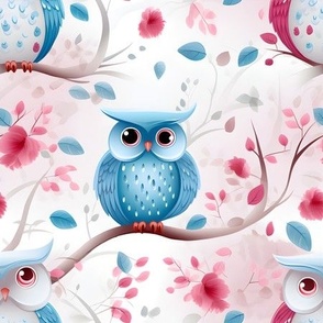 Blue, Pink & White Owls - medium