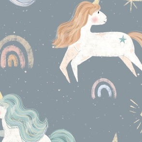 Large Chalk Unicorns in muted pastel blue, orange, green and pink