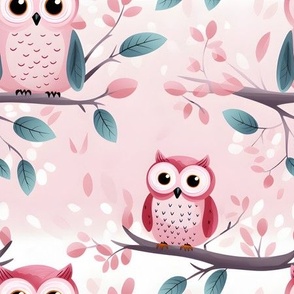 Pink Owls on Branches- medium