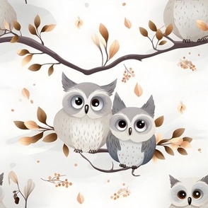 Gray Owls on Branches - medium