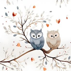 Gray & Brown Owls on a Branch - large