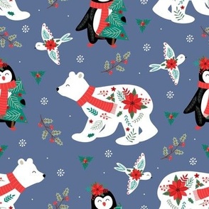  Christmas polar bear, bird, penguin on a blue background