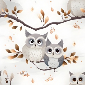 Gray Owls on Branches - large