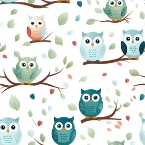 Multi Color Owls on Branches - large