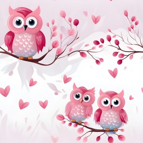 Pink Owls on a Branch - large