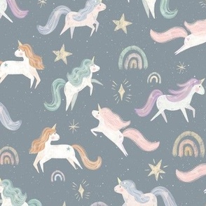 Small Chalk Unicorns in muted pastel blue, orange, green and pink