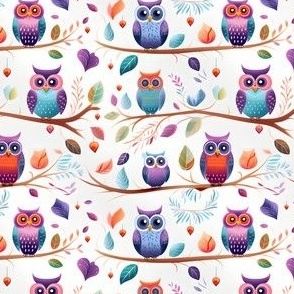 Rainbow Owls in Trees - small