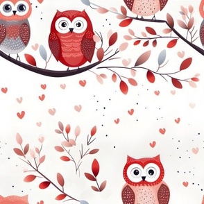 Red Owls on Branches - medium