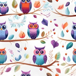 Rainbow Owls in Trees - medium
