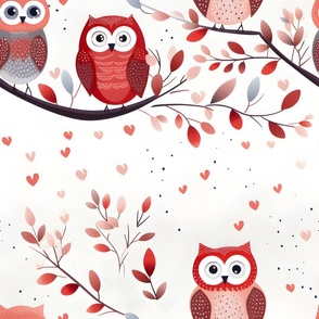 Red Owls on Branches - large