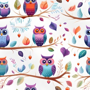 Rainbow Owls on Branches - large