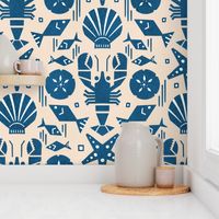 lobster and tidepool  shellfish friends blue wallpaper scale