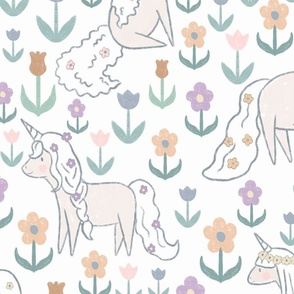 Large Flower Unicorns in white, pastel pink, yellow, green and peach
