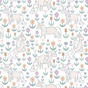 Small Flower Unicorns in white, pastel pink, yellow, green and peach