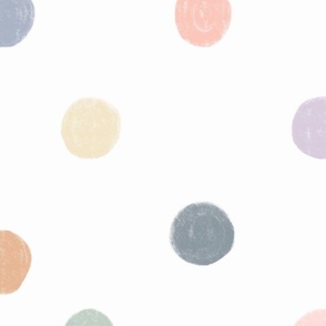 Large Chalk Polka Dot in pastel blue, pink yellow and orange with a white background.