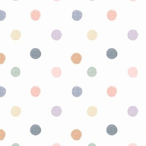 Small Chalk Polka Dot in pastel blue, pink yellow and orange with a white background.