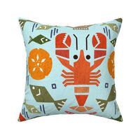 lobster and tidepool  shellfish friends on surf blue wallpaper scale