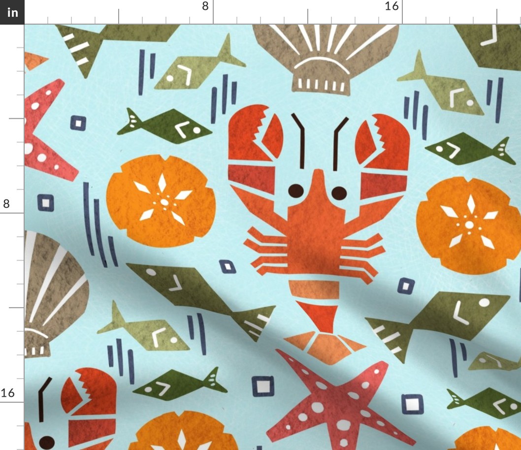 lobster and tidepool  shellfish friends on surf blue wallpaper scale