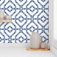 Chinoiserie bamboo trellis - Frost blue and navy blue on white (#FFFFFF) - extra large