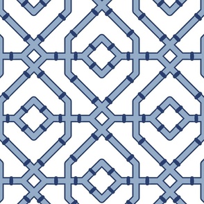 Chinoiserie bamboo trellis - Frost blue and navy blue on white (#FFFFFF) - large