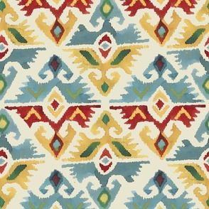 Ethnic geometric carpet 	yellow red blue