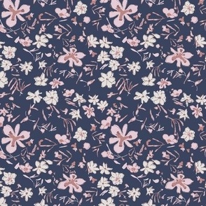 Romantic Sketchy Loose Floral in Lavender and White on Navy Blue