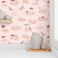 Raspberry Red and Ivory Mushroom Forest and Ferns on Rose Pink Background