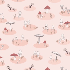 Raspberry Red and Ivory Mushroom Forest and Ferns on Rose Pink Background
