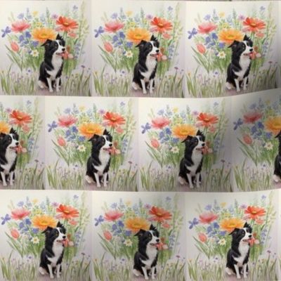 Fun Border Collie Dog in wild Flowers