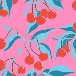 Hand Drawn Cherries with Teal Branches featuring Pink Background