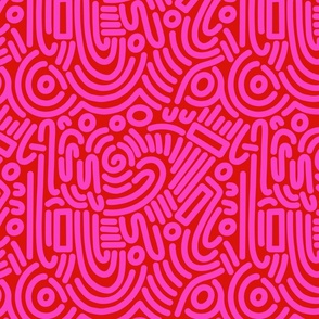 small pop art lines and shapes_hot pink on engine red