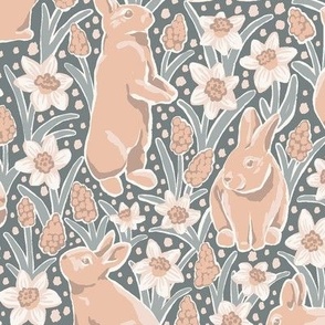 Bunnies in the Daffodils-WarmGrey Large