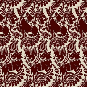 Medieval Beasts and Birds - Maroon on Flax 6W