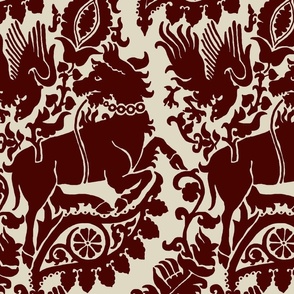 Medieval Beasts and Birds - Maroon on Flax 12W