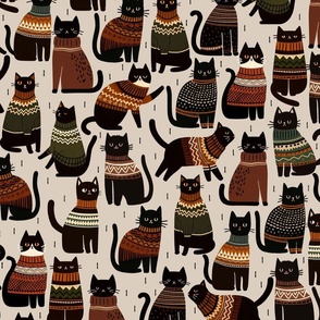 Cozy Autumn - Cats in sweaters on beige background L