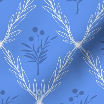 Trellis Leaves with Flower Centre in Medium Sky Blue, deep blue and White